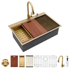 Sarlai 33''x22'' Gold Nano PVD Drop-In Workstation Kitchen Sink, 16 Gauge Stainless Steel Topmount Single Bowl with Pull-out Kitchen Faucet