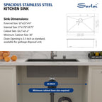 Sarlai 33x22 Inch Gunmetal Black Drop-in Single Bowl Stainless Steel Kitchen Sink