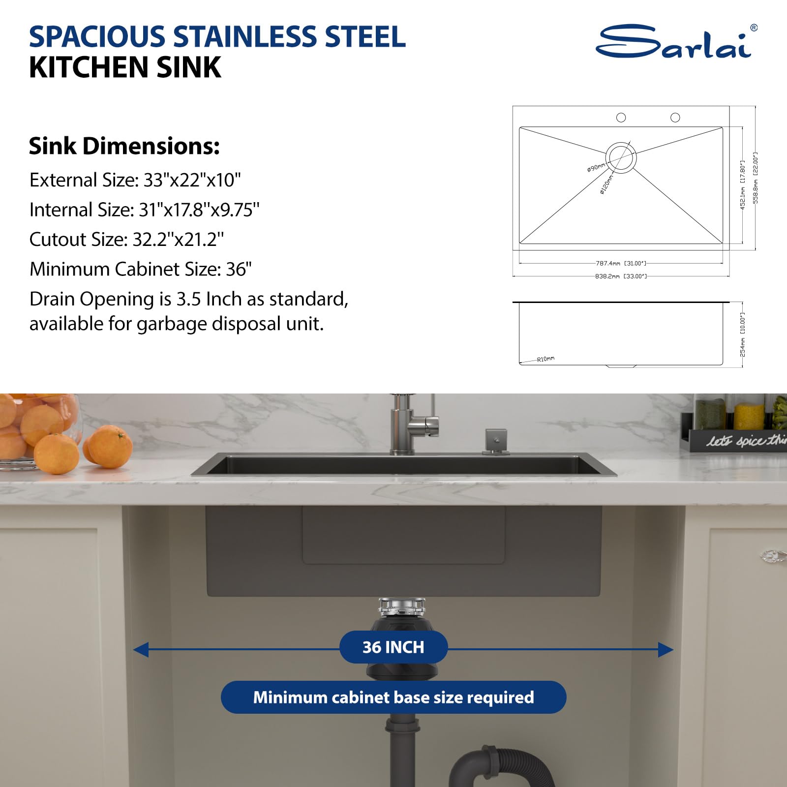 Sarlai 33x22 Inch Gunmetal Black Drop-in Single Bowl Stainless Steel Kitchen Sink