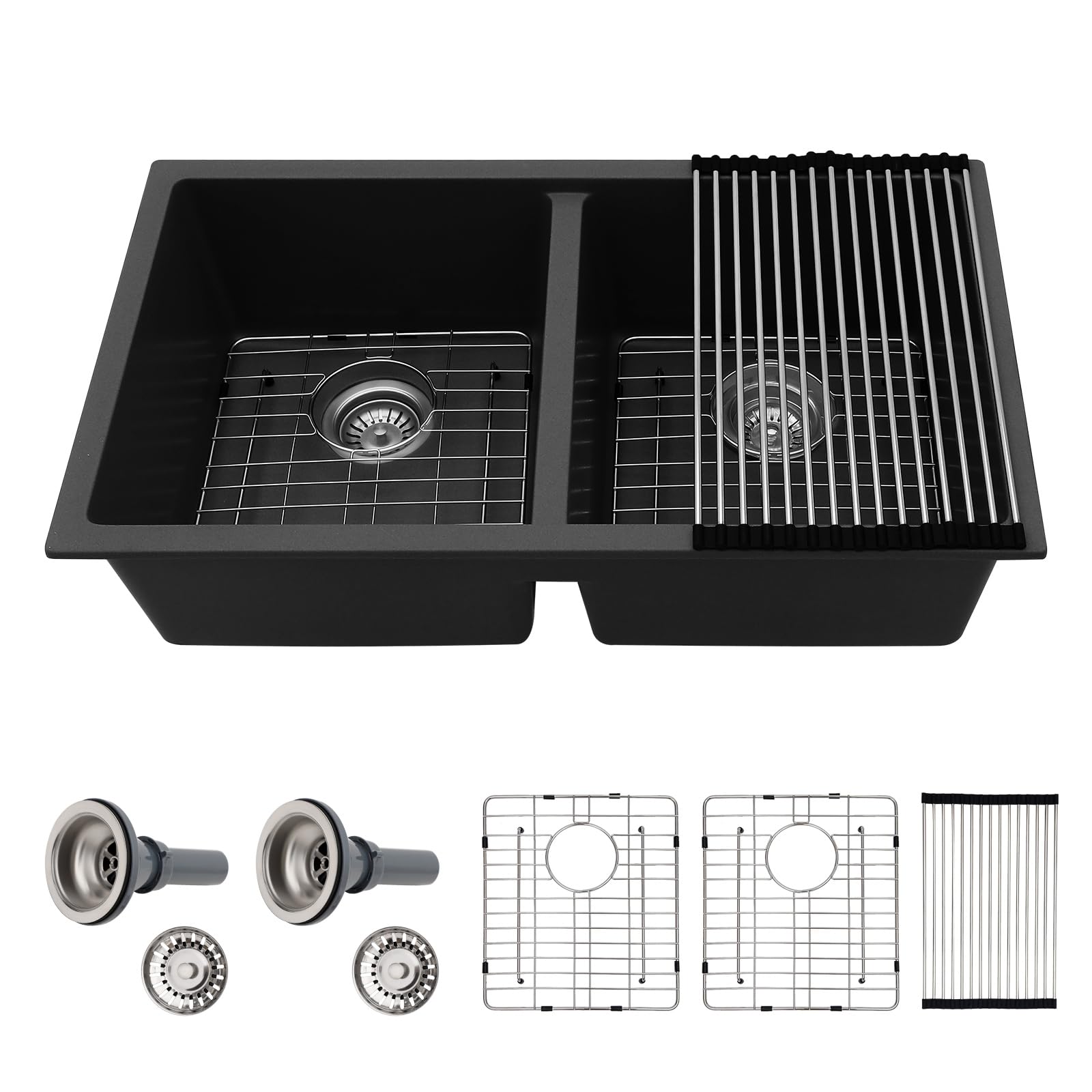 Sarlai 33in Black Granite Composite Undermount Double Bowl Kitchen Sink with Accessories Main image