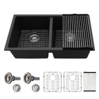 Sarlai 33in Black Granite Composite Undermount Double Bowl Kitchen Sink with Accessories