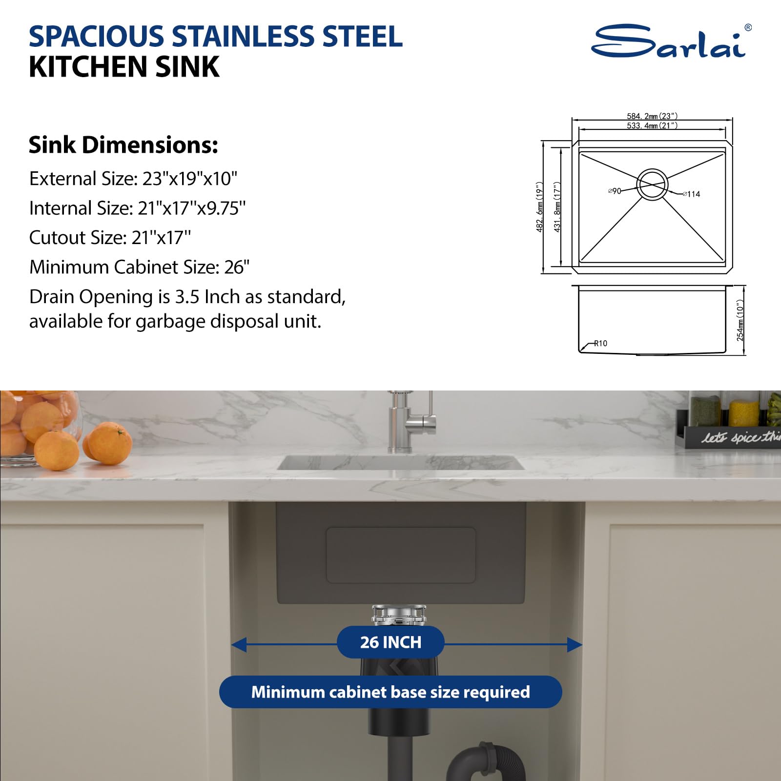 Sarlai 23'' Undermount Single Bowl Stainless Steel Workstation Kitchen Sink