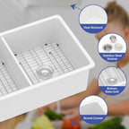 Sarlai 32 White Undermount Kitchen Sink Double Bowl - 32 Inch Drop Kitchen Sink Double Basin 50/50 Divide White Porcelain Ceramic Fireclay Undermount Drop/Undermount Kitchen Sinks Basin