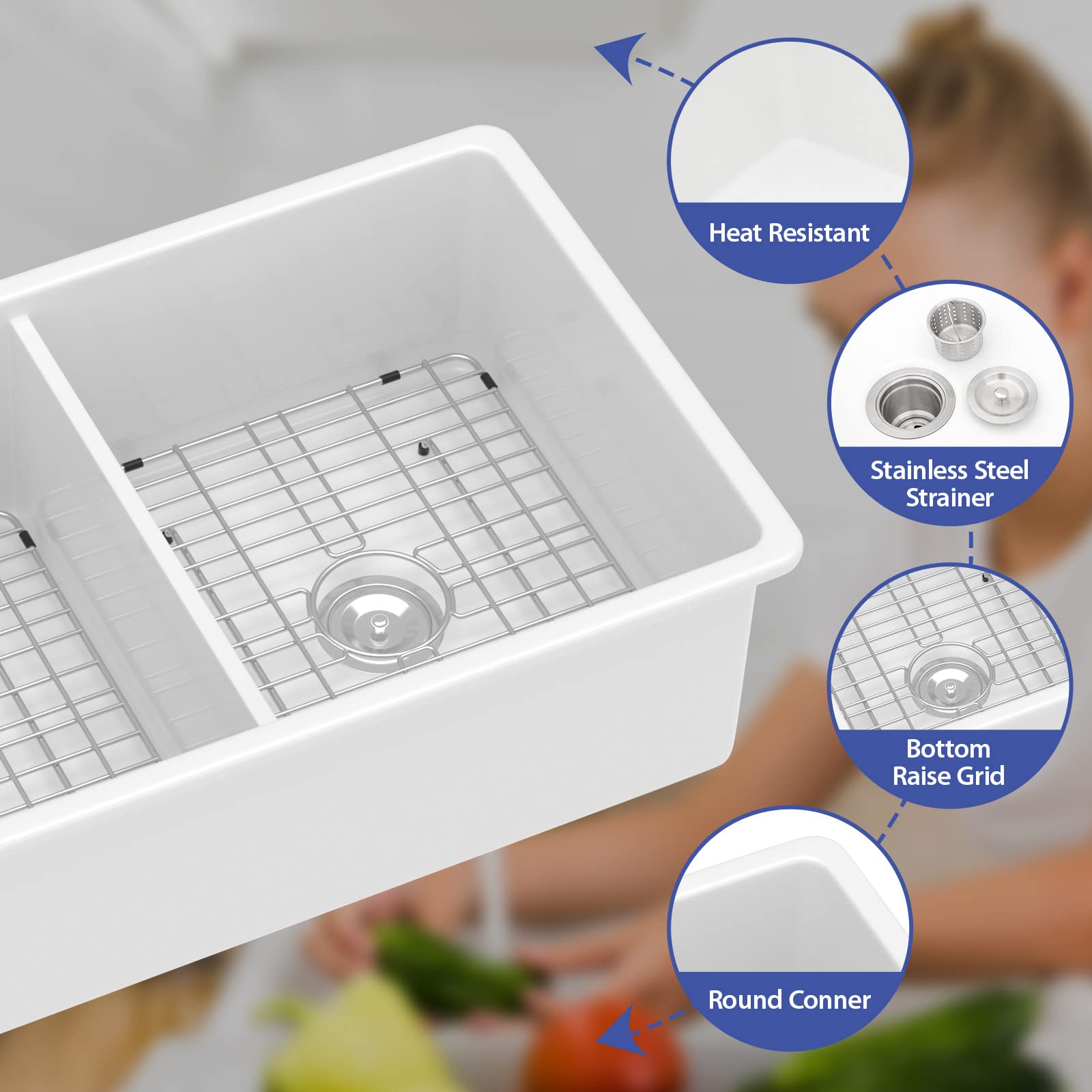 Sarlai 32 White Undermount Kitchen Sink Double Bowl - 32 Inch Drop Kitchen Sink Double Basin 50/50 Divide White Porcelain Ceramic Fireclay Undermount Drop/Undermount Kitchen Sinks Basin