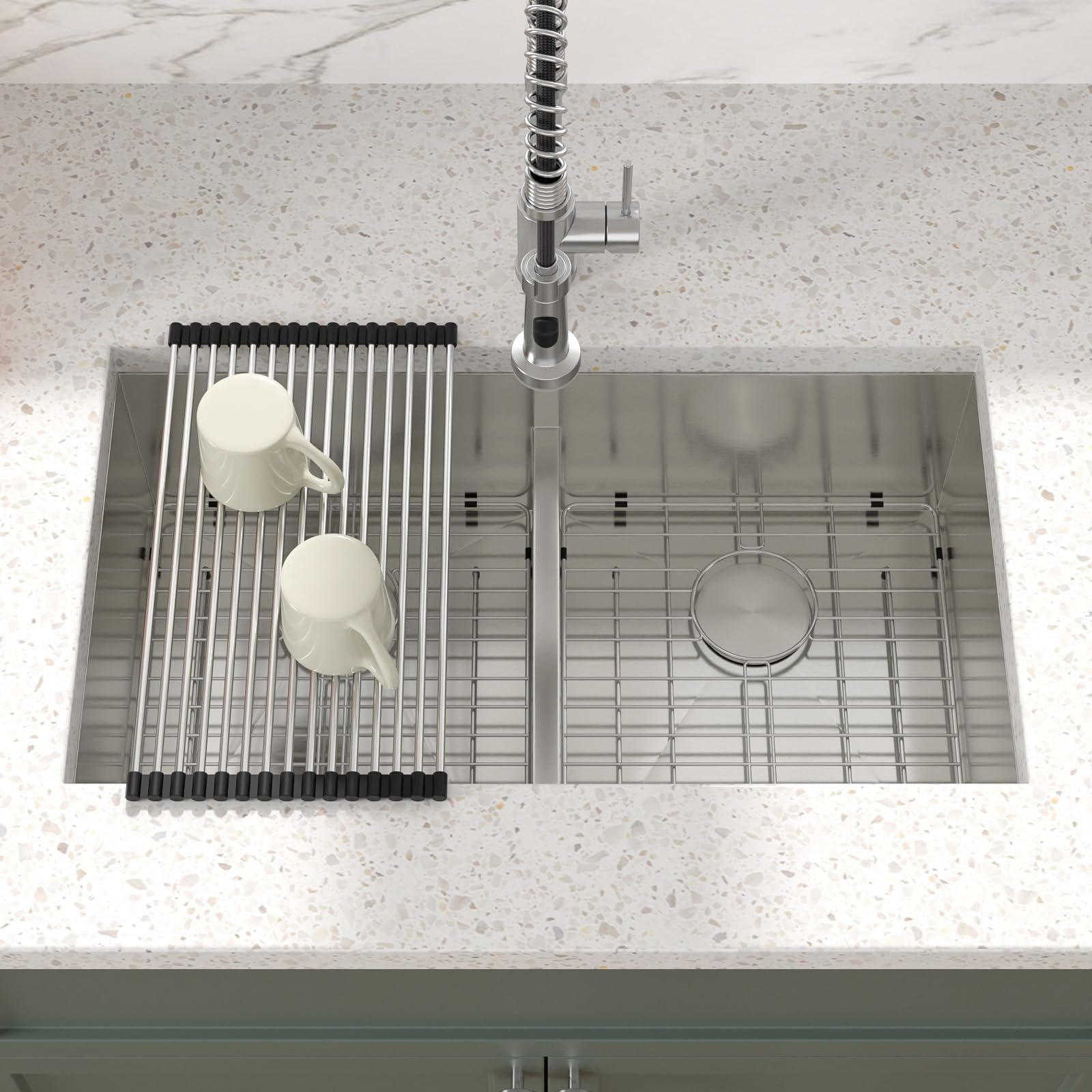 Sarlai 36 Inch Double Bowl 50/50 Low Divide Undermount Stainless Steel Kitchen Sink with Accessories