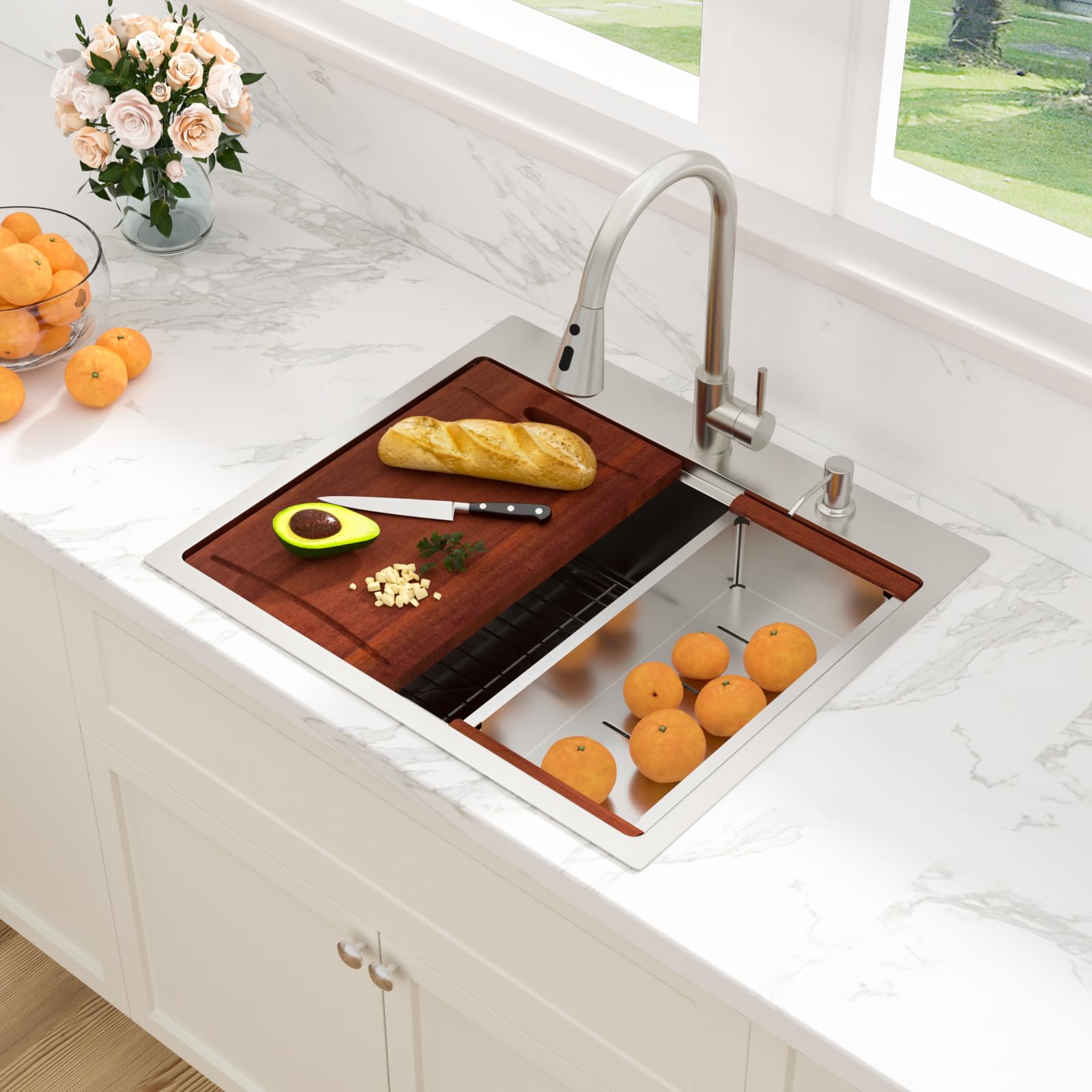 Sarlai 25''x22'' Drop-In Workstation Stainless Steel Kitchen Sink, 16 Gauge Topmount Single Bowl with Soap Dispenser & Faucet