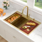 Sarlai 33''x22'' Gold Nano PVD Drop-In Workstation Kitchen Sink, 16 Gauge Stainless Steel Topmount Single Bowl with Pull-out Kitchen Faucet