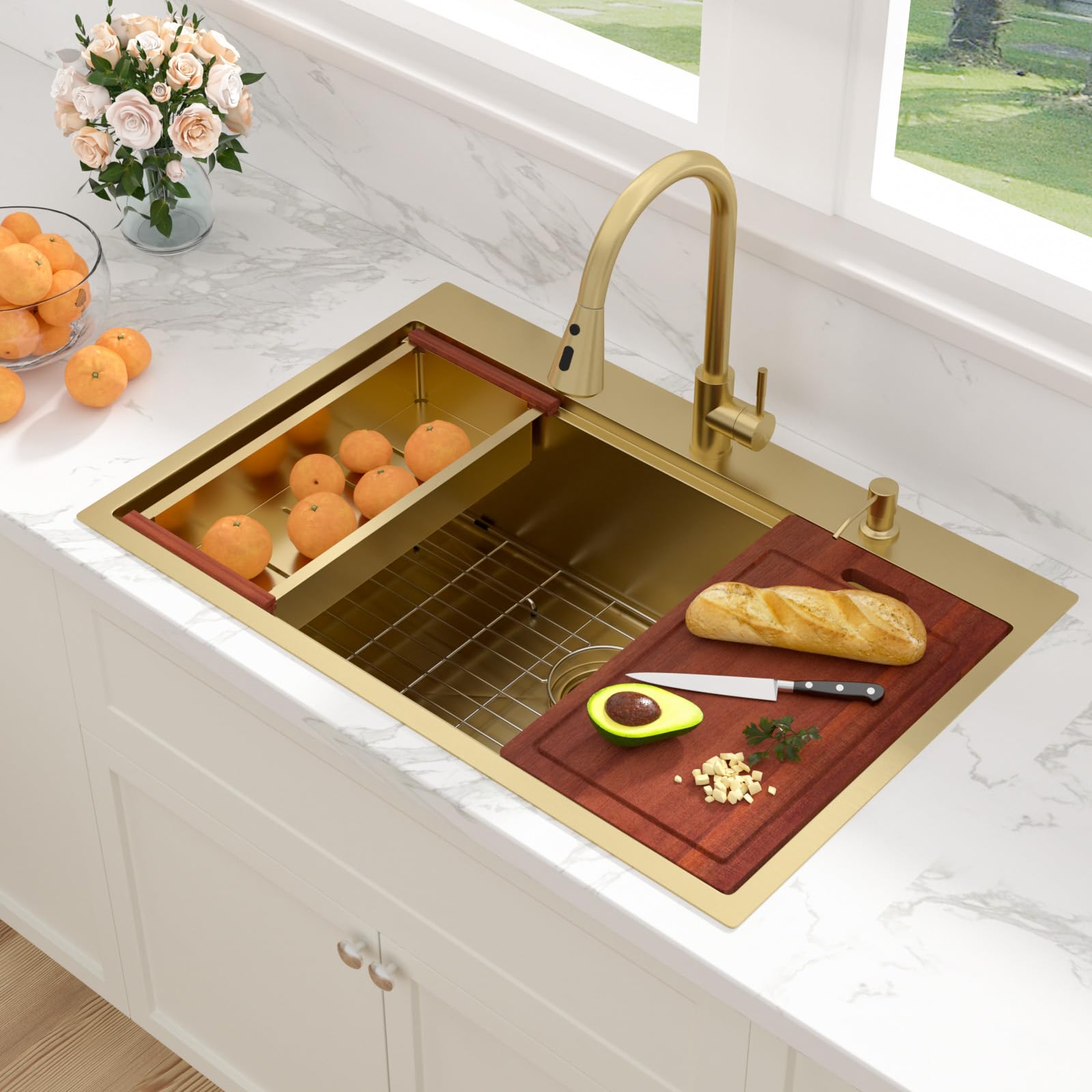 Sarlai 33''x22'' Gold Nano PVD Drop-In Workstation Kitchen Sink, 16 Gauge Stainless Steel Topmount Single Bowl with Pull-out Kitchen Faucet