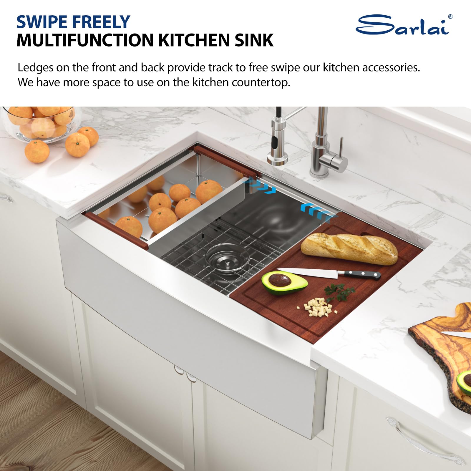 Sarlai 36''x22'' 60/40 Low Divide Double Bowl Stainless Steel Farmhouse Sink, Apron Front Undermount Workstation Farmer Kitchen Basin