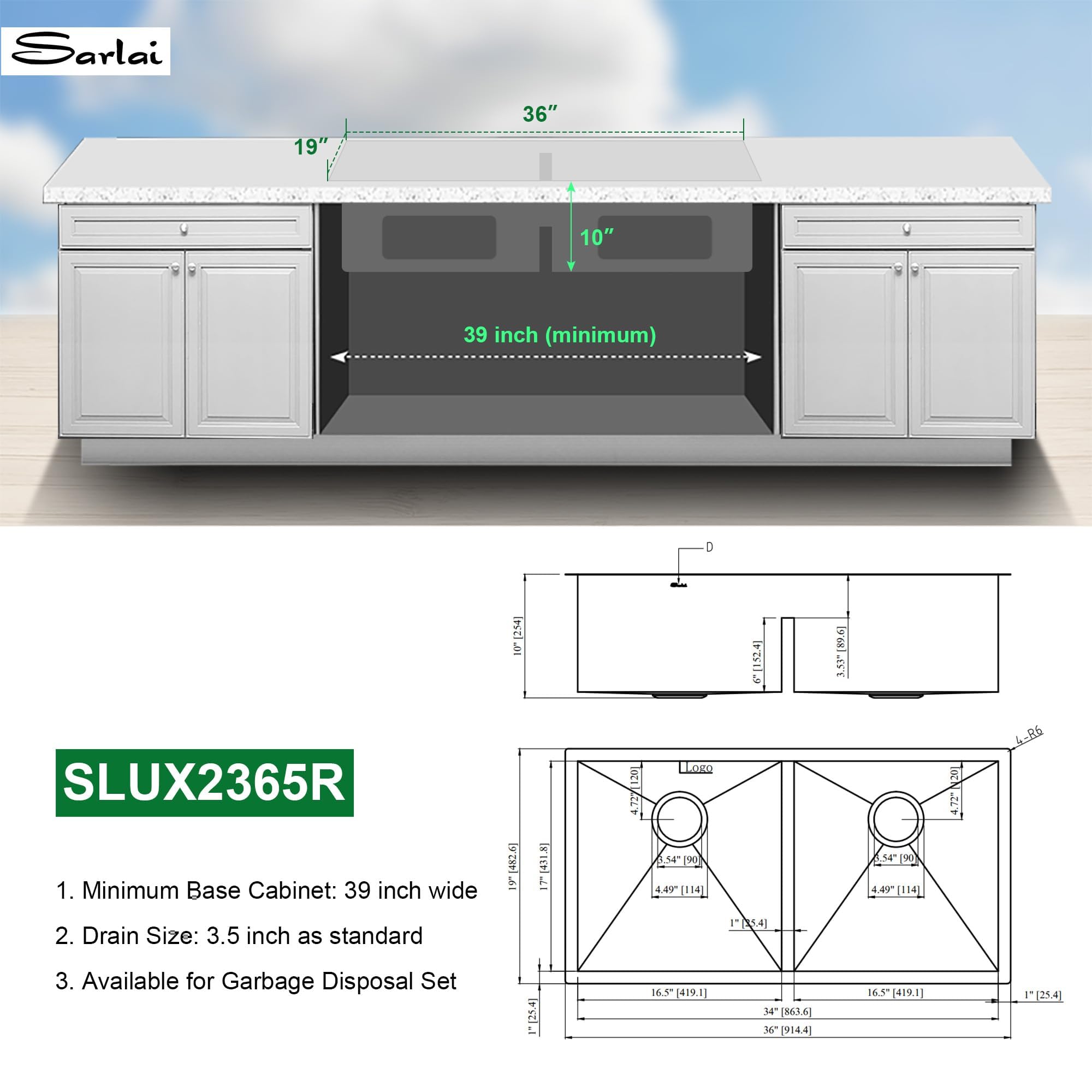 Sarlai 36 Inch Double Bowl 50/50 Low Divide Undermount Stainless Steel Kitchen Sink with Accessories