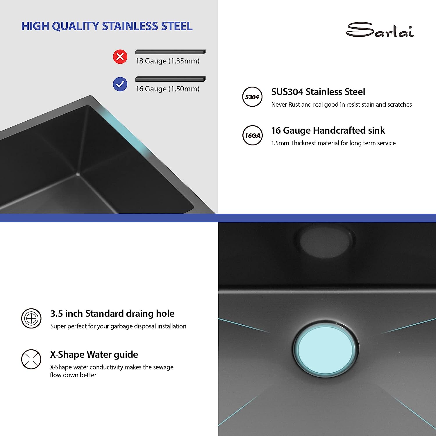 Sarlai 33in Undermount Double Basin 50/50 Gunmetal Black Stainless Steel Kitchen Sink