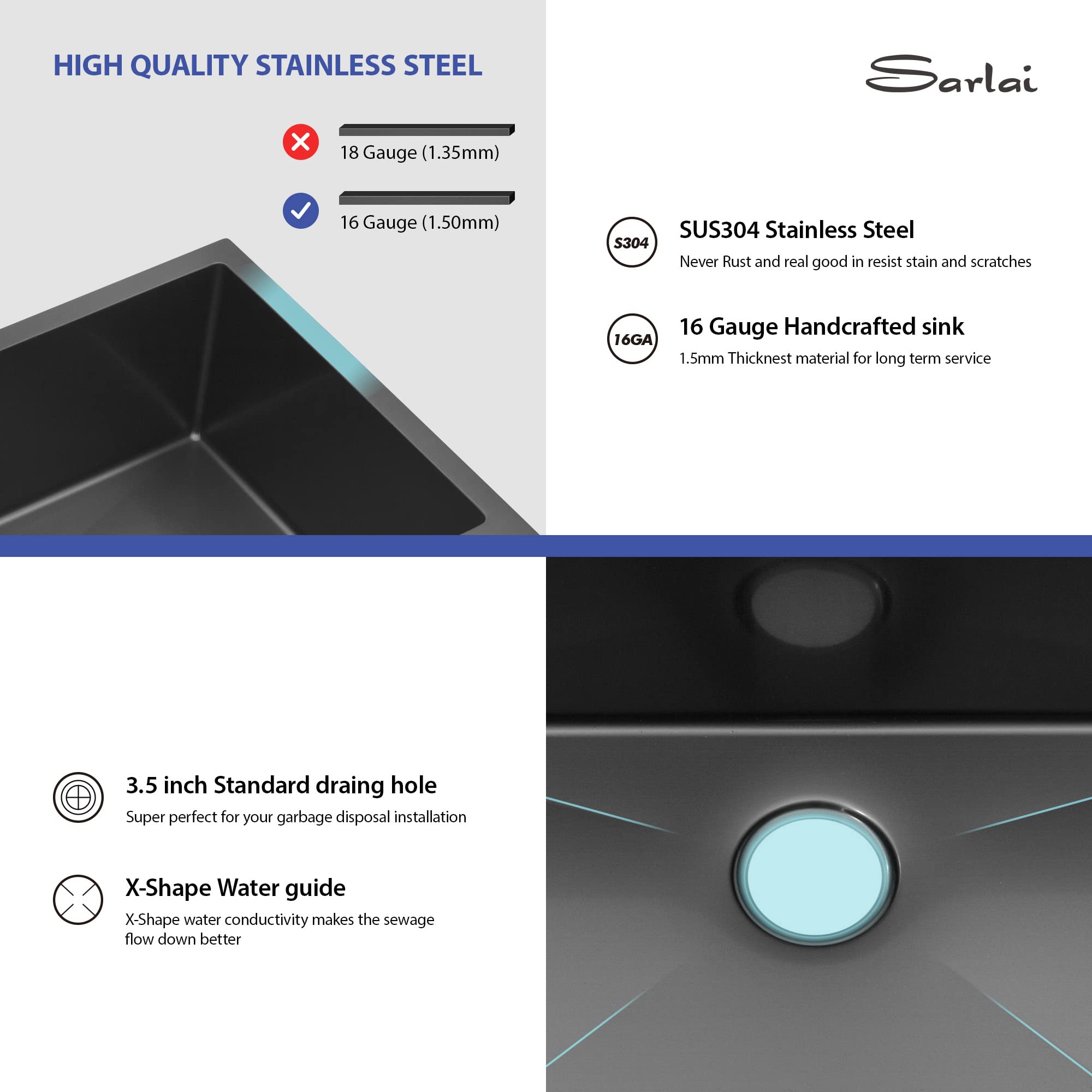 Sarlai 33 Inch Black Undermount 50/50 Double bowl Stainless Steel Kitchen Sink with Accessories