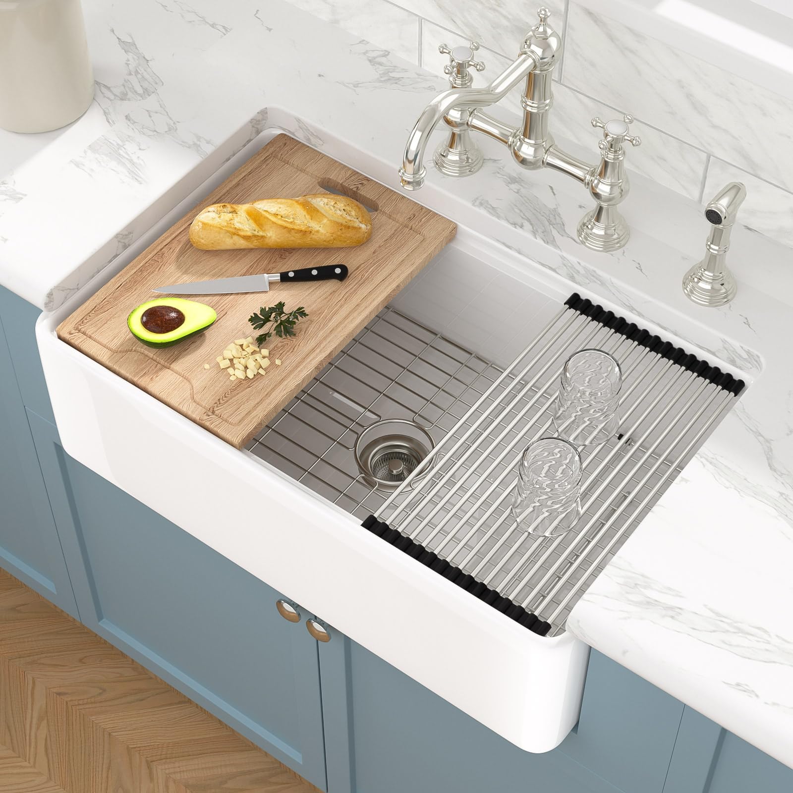 Sarlai 33''x20'' White Fireclay Farmhouse Kitchen Sink, Apron Front Single Bowl Undermount Workstation Ceramic Farm Sink with Complete Accessories