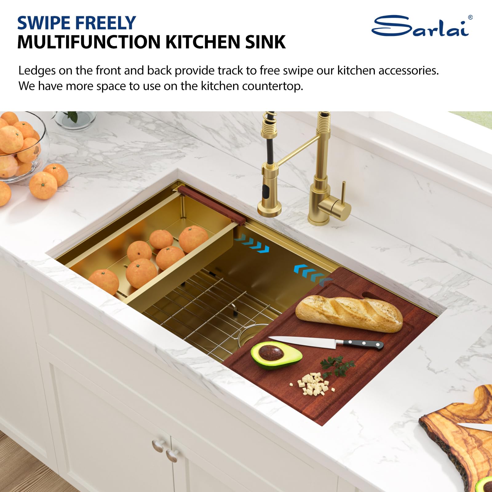 Sarlai 33''x19'' Gold Stainless Steel Undermount Kitchen Sink, 16 Gauge Deep Single Bowl Workstation Rectangular Basin
