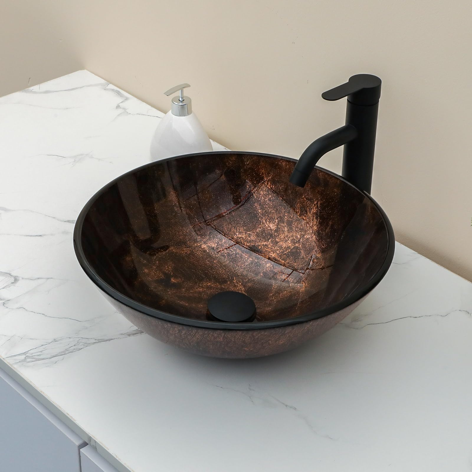 Sarlai Brown Round Tempered Glass Bathroom Vessel Sink, Countertop Basin with Faucet & Pop-up Drain Combo Main image