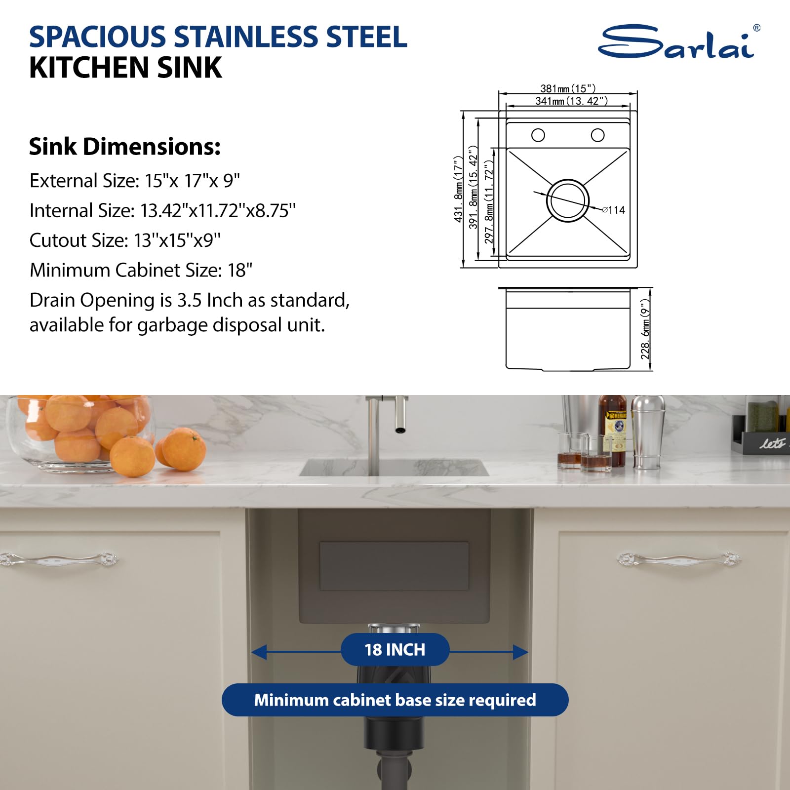 Sarlai 15'' x 17'' Stainless Steel Single Bowl Undermount Workstation Bar Sink