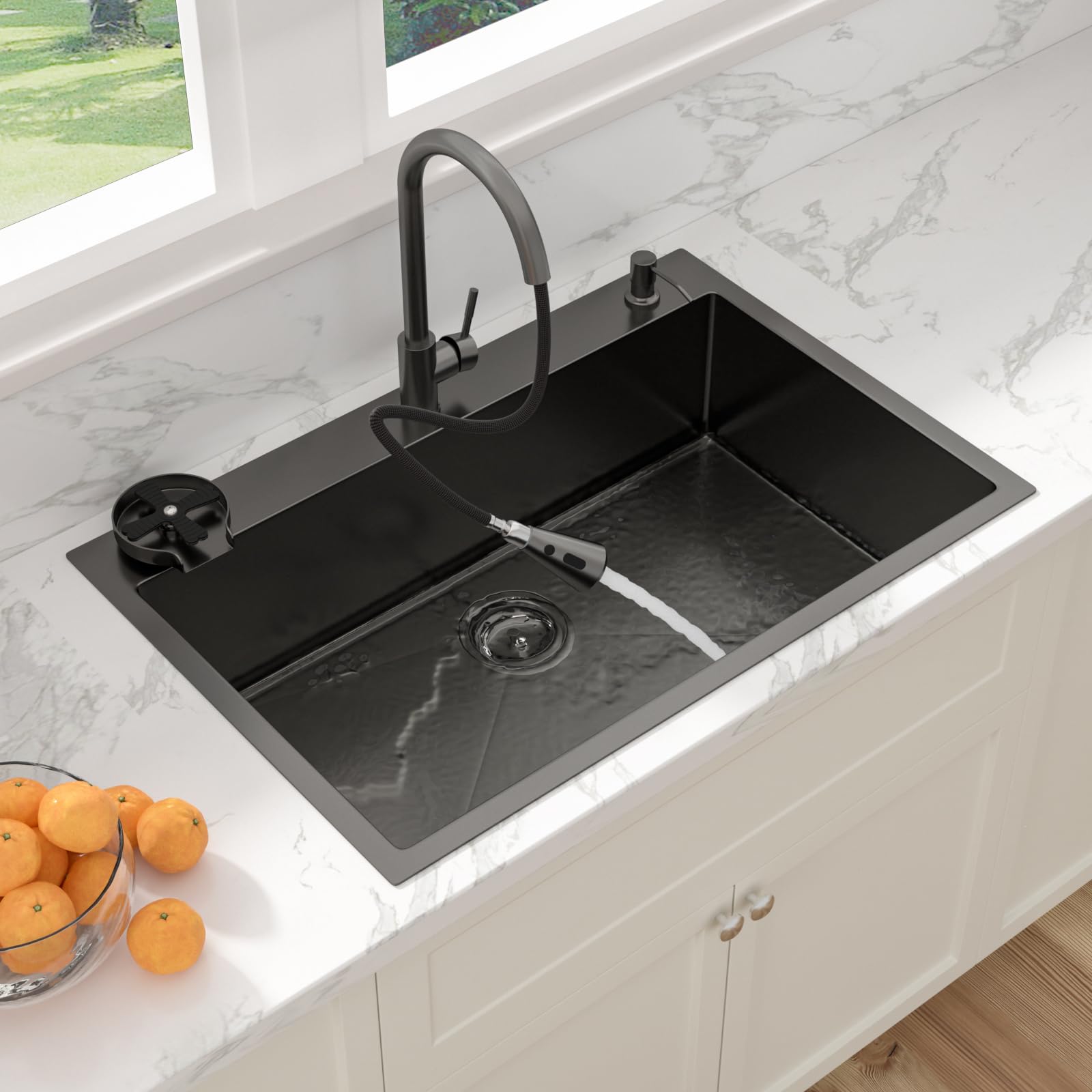 Sarlai 33''x22'' Gunmetal Black Drop-In Kitchen Sink, 16 Gauge Stainless Steel Topmount Single Bowl with Matching Kitchen Faucet