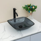 Sarlai 16''x16'' Grey Rectangular Tempered Glass Bathroom Vessel Sink, Countertop Basin with Pop-up Drain Combo