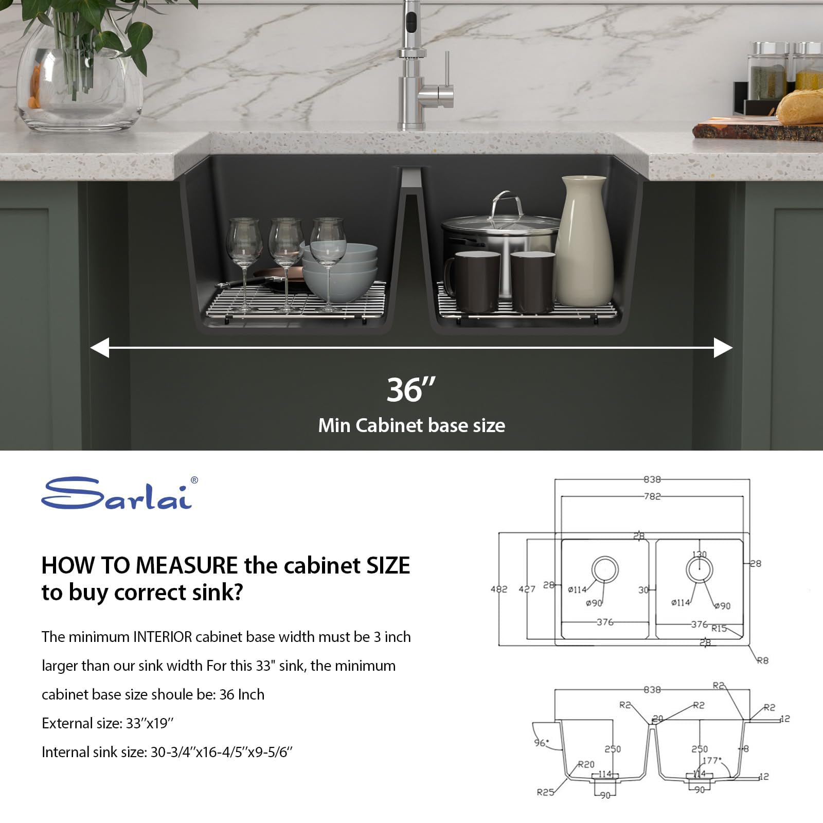 Sarlai 33''x19'' 50/50 Double Bowl Matte Black Granite Composite Kitchen Sink, Undermount Quartz Under Counter Basin with Complete Accessories