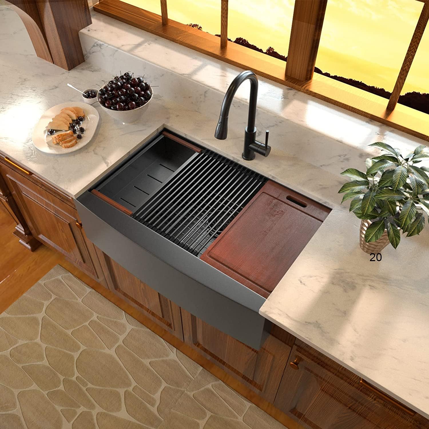 Sarlai 30'' Stainless Steel Single Bowl Gunmetal Black NANO PVD Workstation Farmhouse Sink