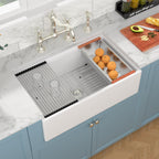 Sarlai 33''x20'' Workstation White Fireclay Farmhouse Sink, Apron Front Undermount Single Bowl Porcelain Kitchen Farmer Sink