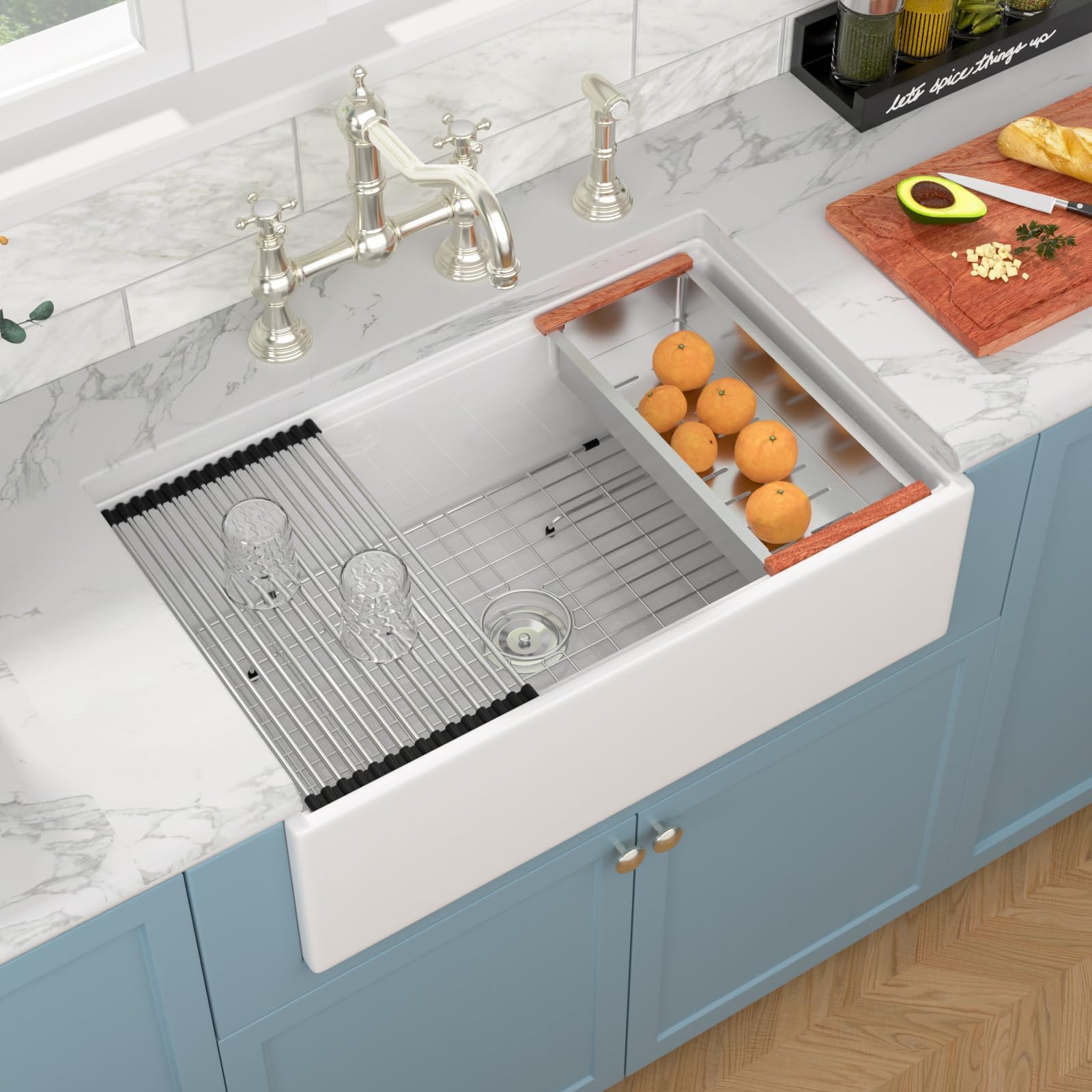 Sarlai 33''x20'' Workstation White Fireclay Farmhouse Sink, Apron Front Undermount Single Bowl Porcelain Kitchen Farmer Sink