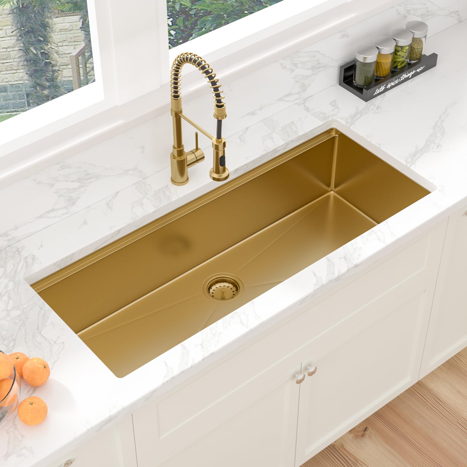 Sarlai 45'' Gold NANO-Tech Undermount Workstation Kitchen Sink, 16 Gauge Stainless Steel Round Corner Single Bowl Basin