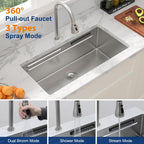 Sarlai 33'' Waterfall Undermount Workstation Kitchen Sink, 16 Gauge Stainless Steel Multifunction Single Bowl Basin with Matching Faucet