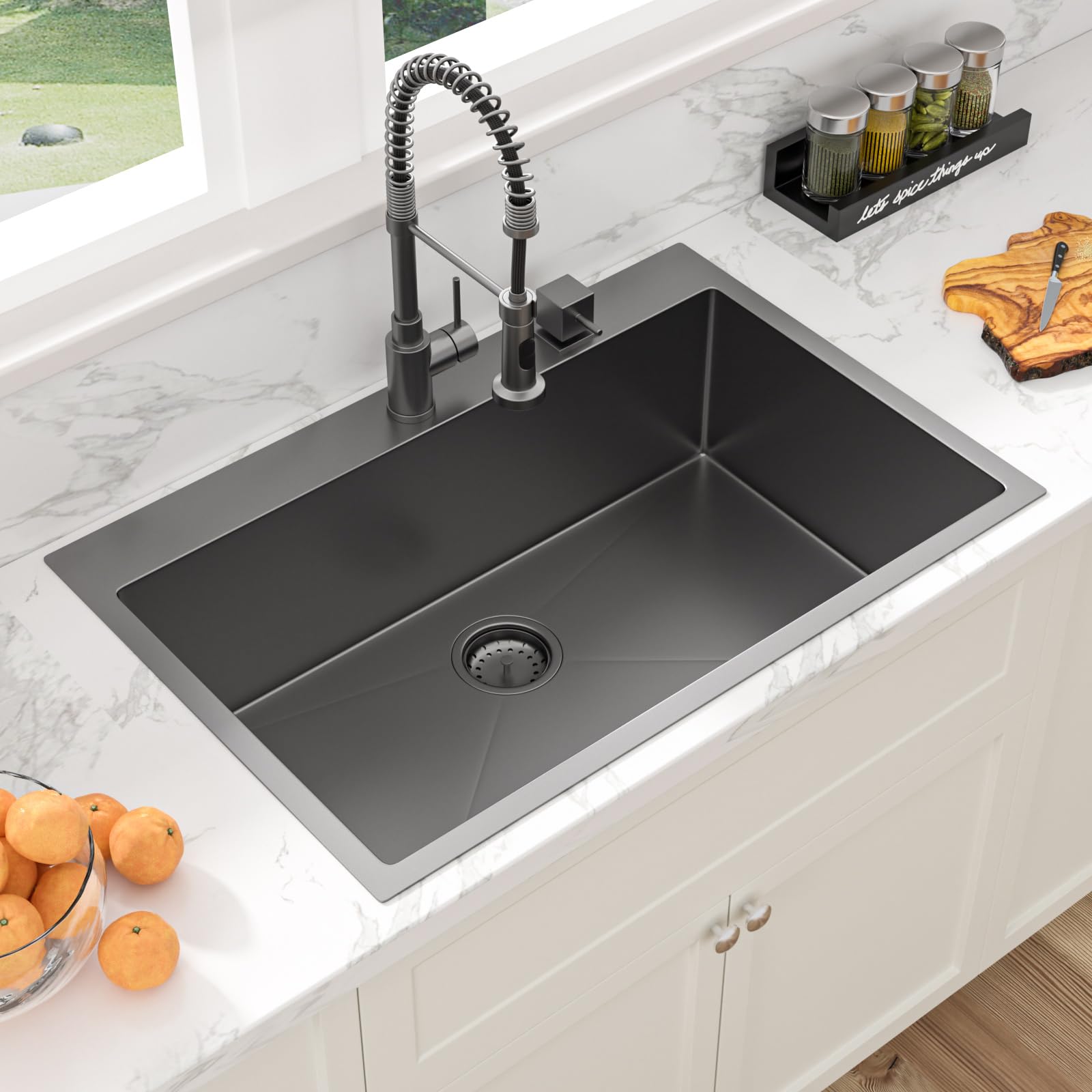 Sarlai 33x22 Inch Gunmetal Black Drop-in Single Bowl Stainless Steel Kitchen Sink Secondary image
