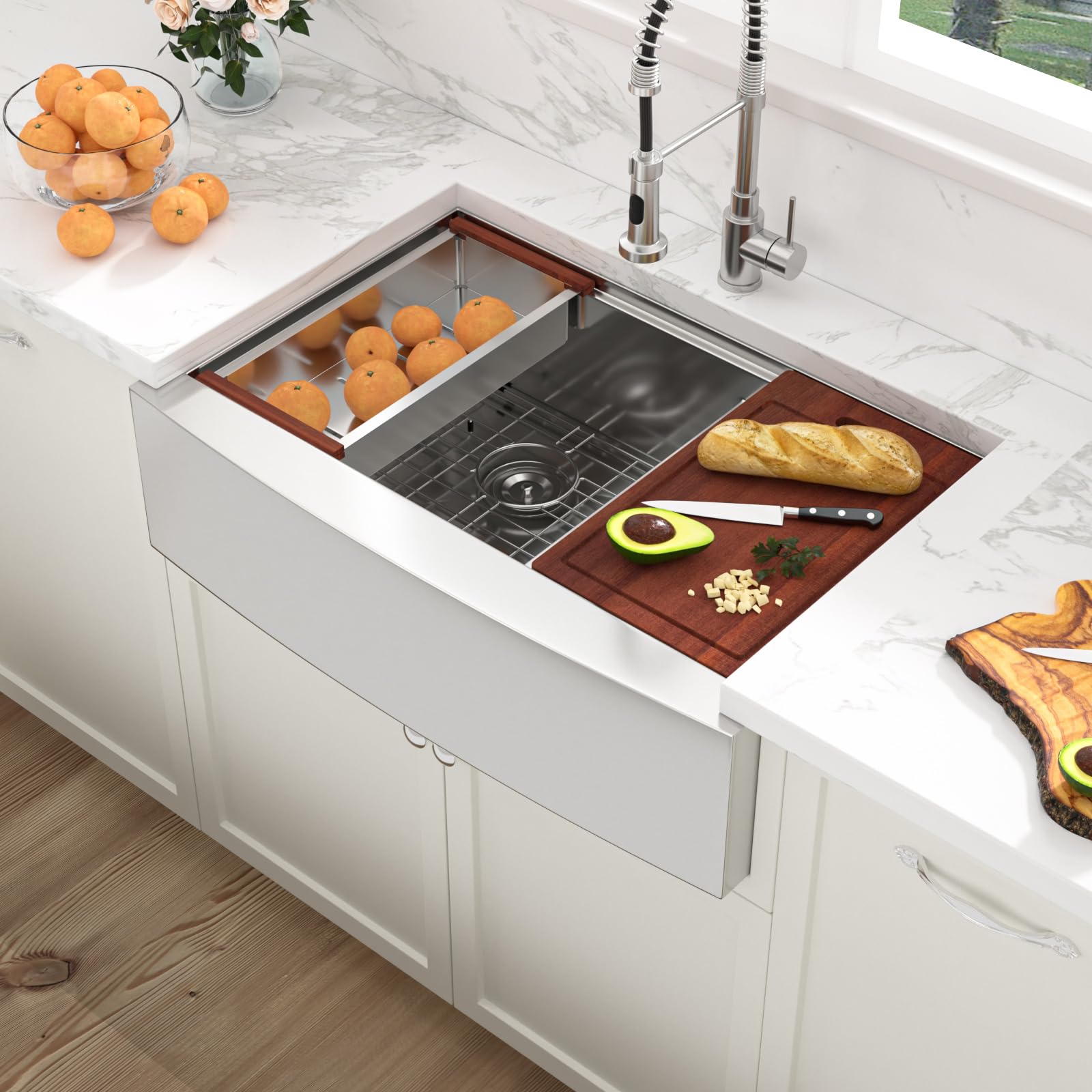 Sarlai 36''x22'' 60/40 Low Divide Double Bowl Stainless Steel Farmhouse Sink, Apron Front Undermount Workstation Farmer Kitchen Basin Secondary image