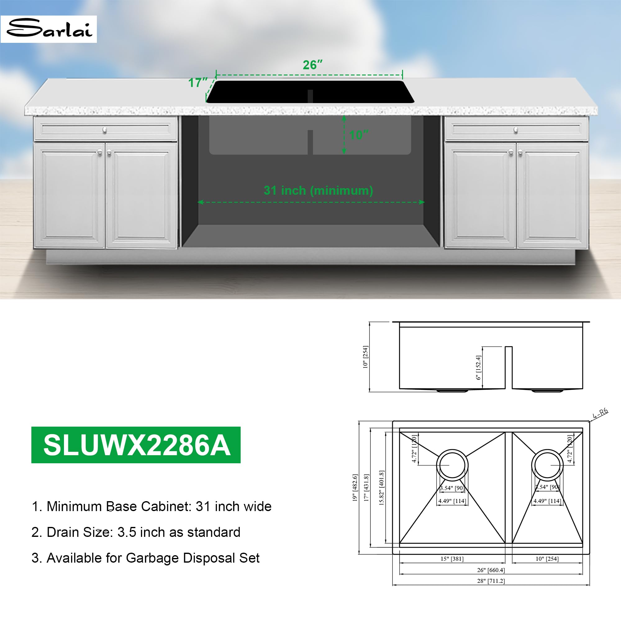 Sarlai 28in Undermount Double Bowl 60/40 Low Divide Stainless Steel Kitchen Sink