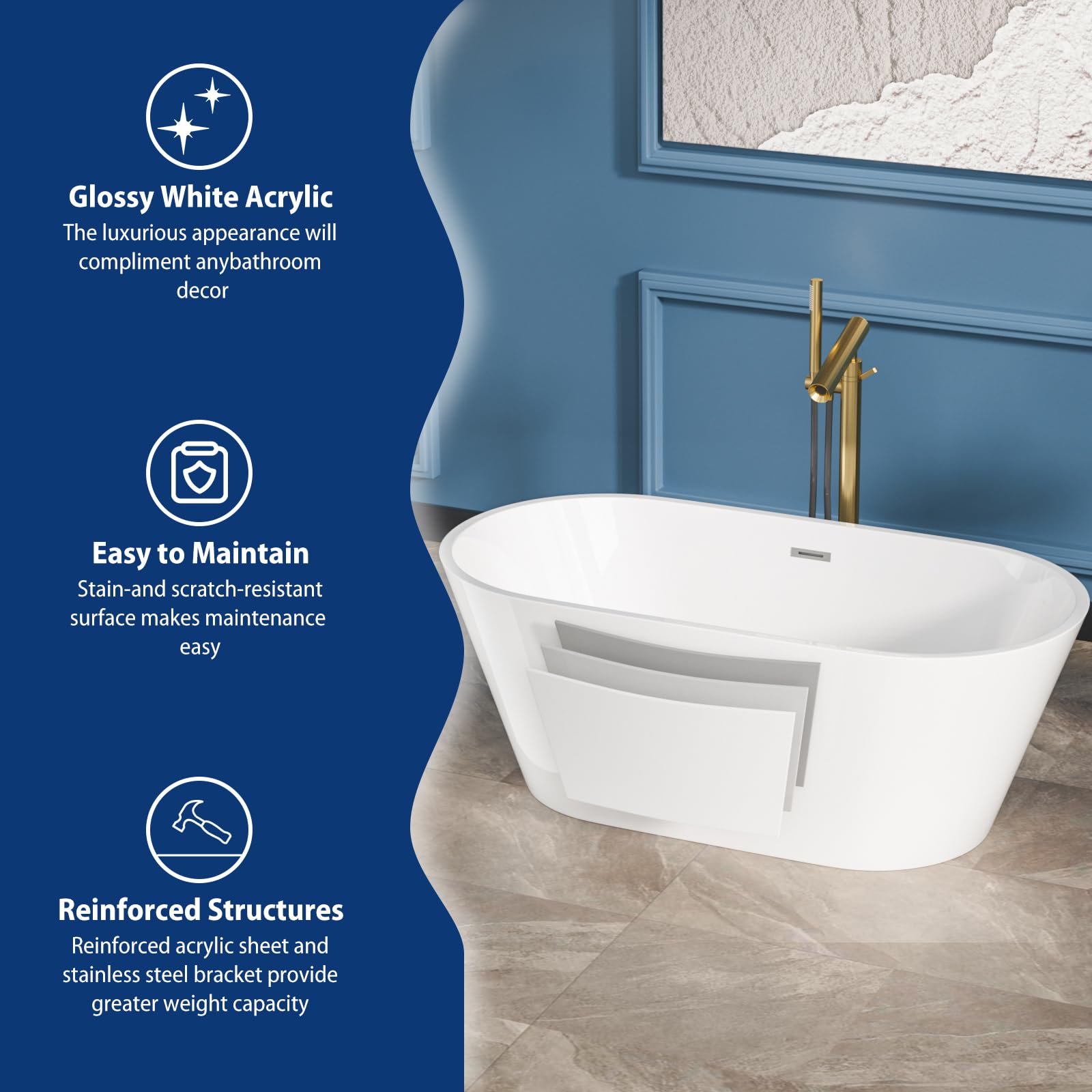 Sarlai Modern Oval White Acrylic Freestanding Bathtub with Black Drain