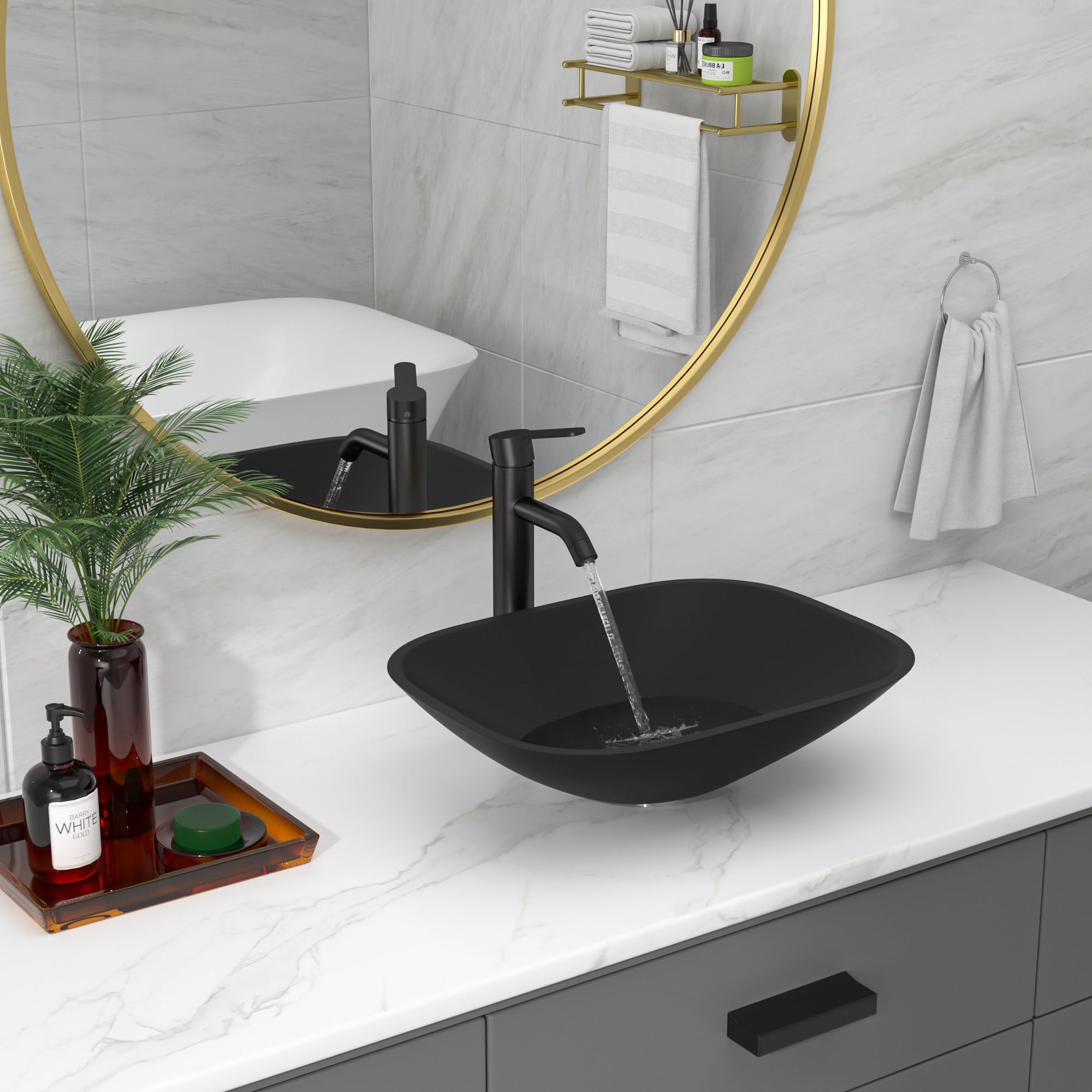 Sarlai 18.5''x14.38'' Matte Black Tempered Glass Bathroom Vessel Sink, Countertop Basin with Faucet & Pop-up Drain Combo