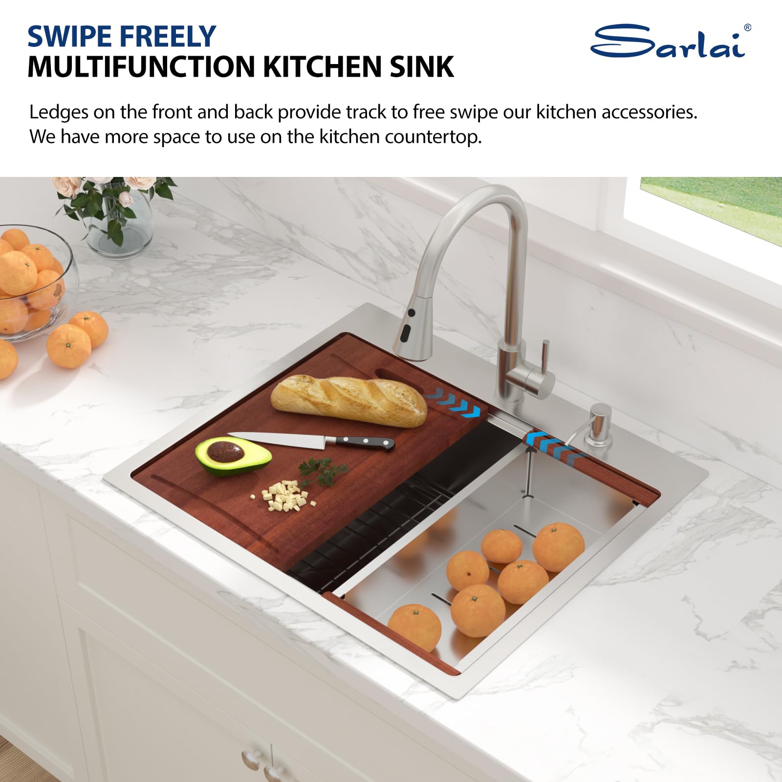 Sarlai 25''x22'' Drop-In Workstation Stainless Steel Kitchen Sink, 16 Gauge Topmount Single Bowl with Soap Dispenser & Faucet