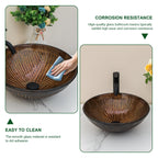 Sarlai 16.5''x16.5'' Brown Round Tempered Glass Bathroom Vessel Sink, Countertop Basin with Pop-up Drain Combo
