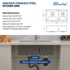 Sarlai 36in Undermount Double Bowl 60/40 Low Divide Stainless Steel Kitchen Sink with Accessories