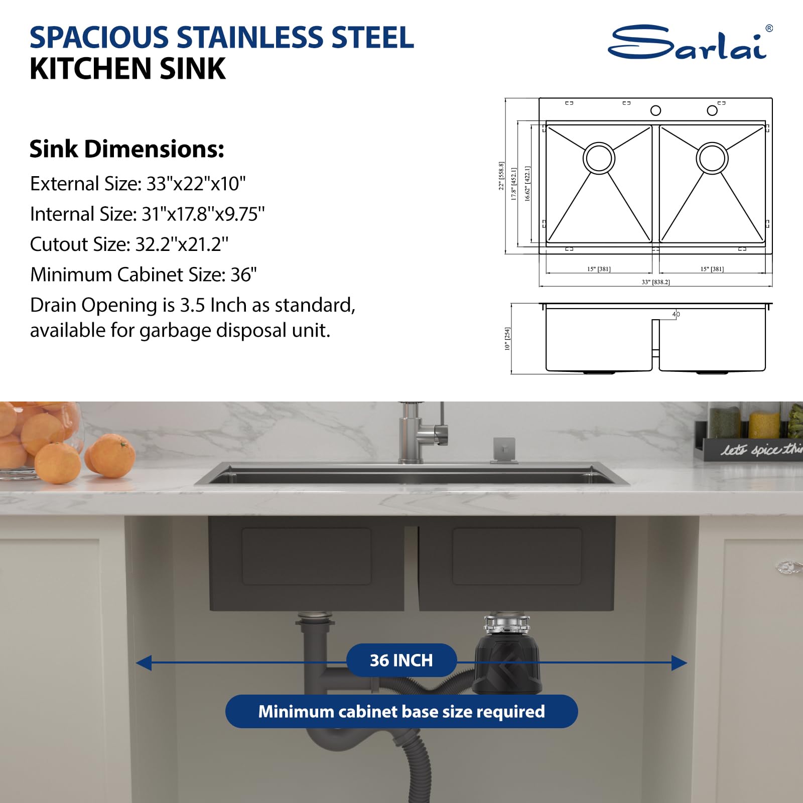 Sarlai 33in Drop In Double Bowl 50/50 Low Divide Stainless Steel Workstation Kitchen Sink