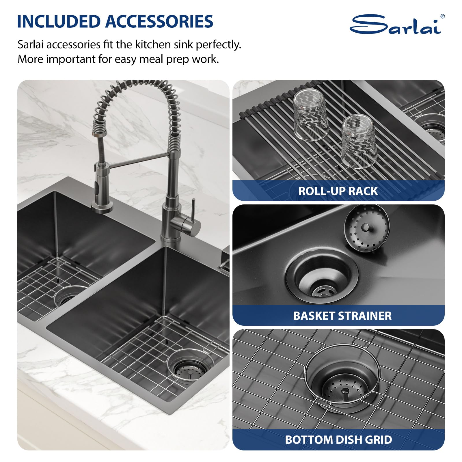 Sarlai 33in Double Bowl 50/50 Black Drop-in Stainless Steel Kitchen Sink