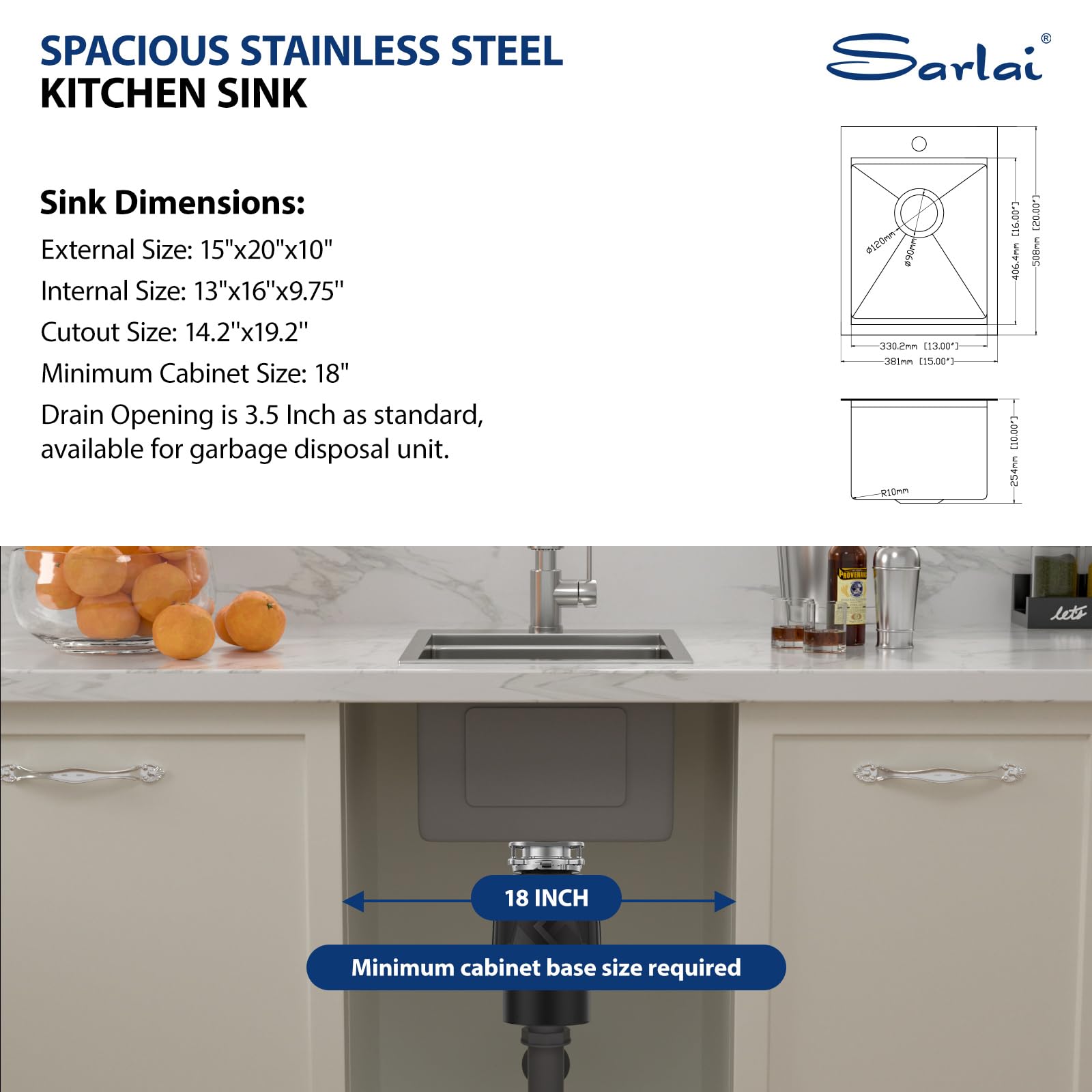 Sarlai 15 Drop Bar Sink Workstation - 15''x 20'' Kitchen Bar Sink Topmount Workstation 16 Gauge Stainless Steel Single Bowl Over Counter Kitchen Bar Prep RV Camper Outdoor Sink Basin