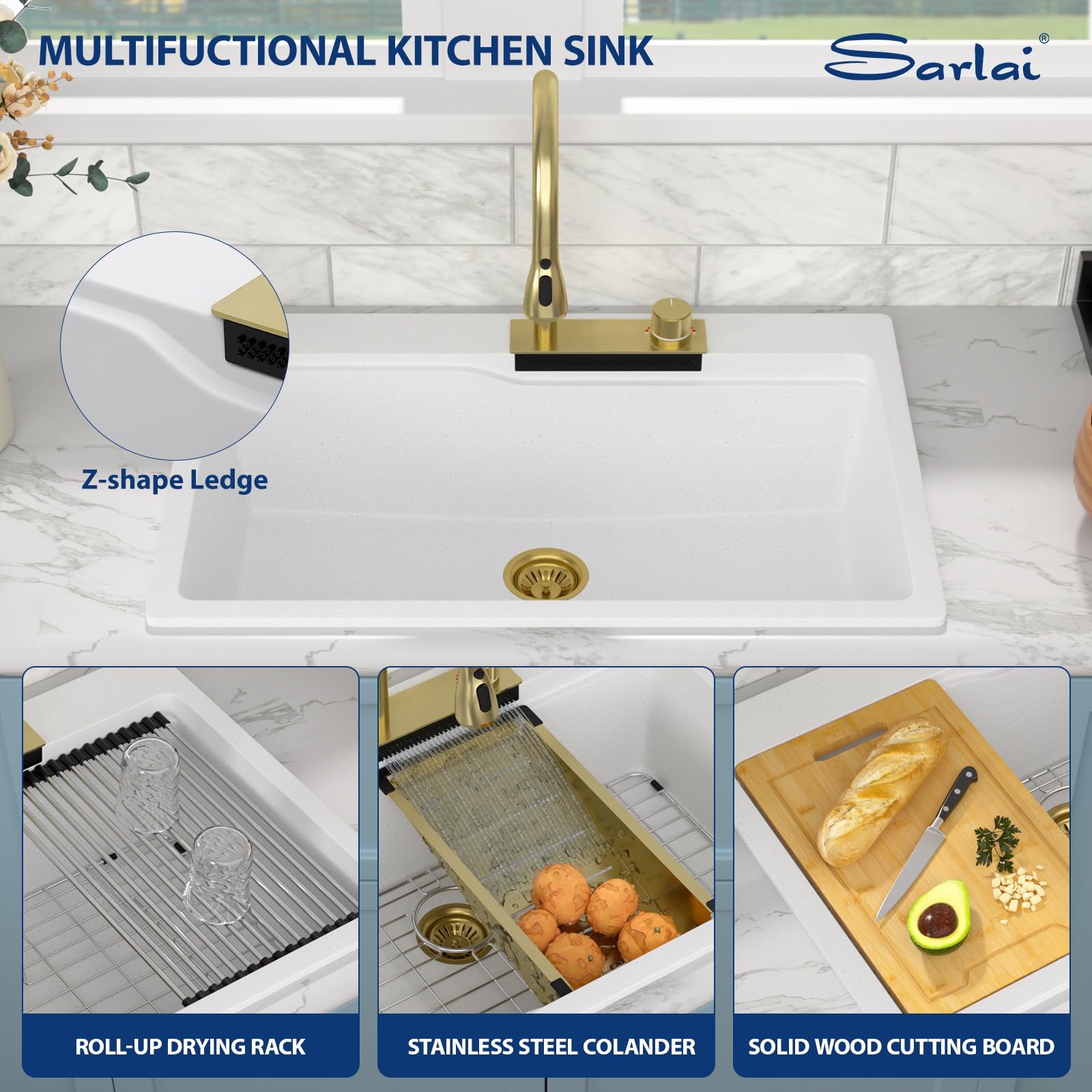 Sarlai 33'' x 22'' Quartz Waterfall Single Bowl Drop-in Workstation Kitchen Sink