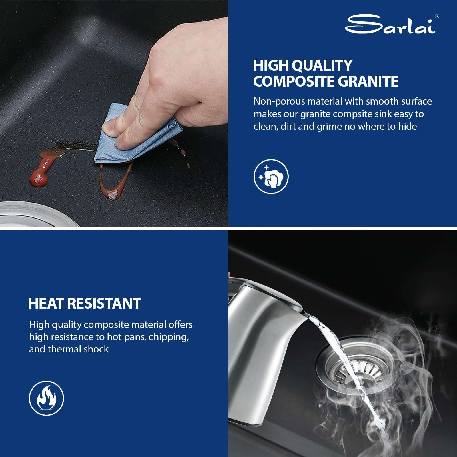 Sarlai 33'' x 22'' Black Quartz Drop-in Waterfall Single Bowl Workstation Kitchen Sink