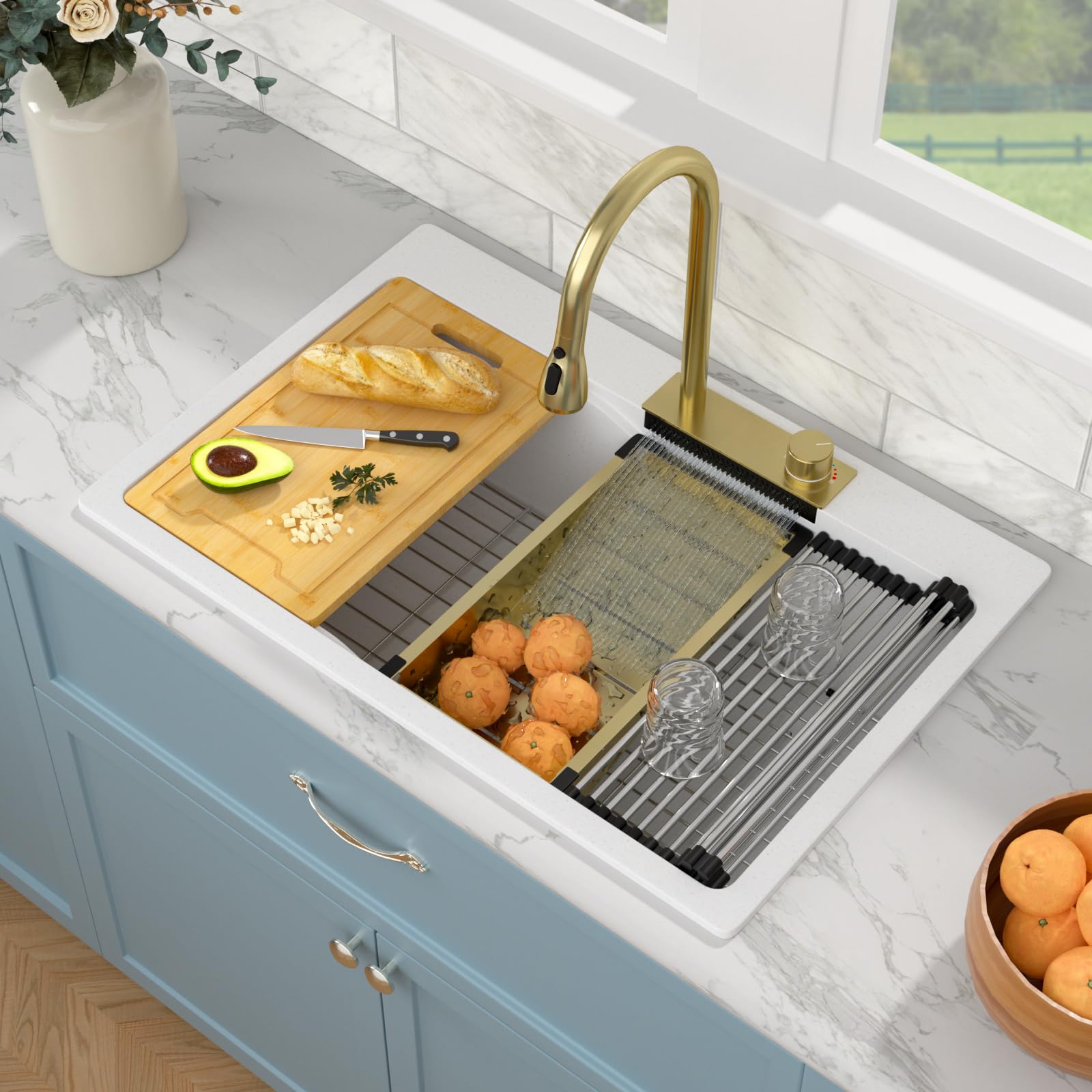 Sarlai 33'' x 22'' Quartz Waterfall Single Bowl Drop-in
