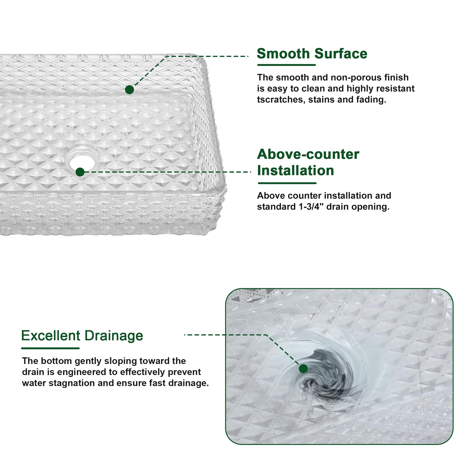 Sarlai 17.5''x13'' Diamond Rectangular Tempered Glass Bathroom Vessel Sink, Countertop Basin with Pop-up Drain Combo