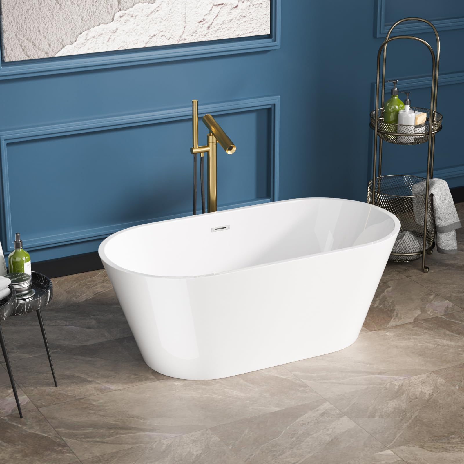 Sarlai Modern Oval White Acrylic Freestanding Bathtub with Black Drain