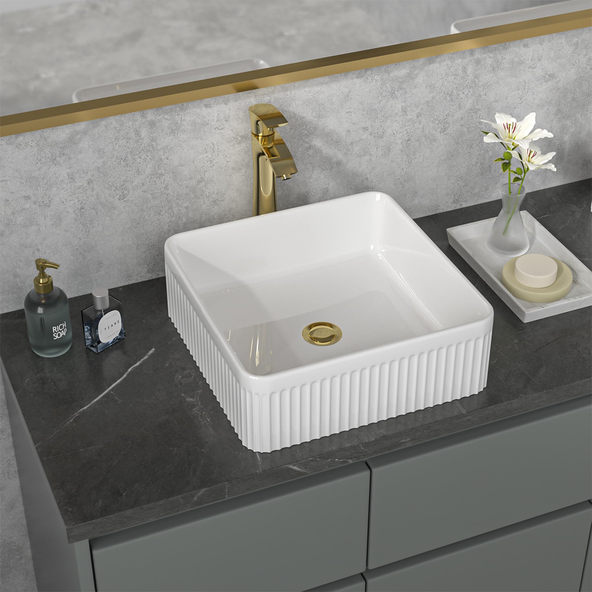 Sarlai 15'' Square Above Counter White Modern Porcelain Ceramic Bathroom Vessel Sink