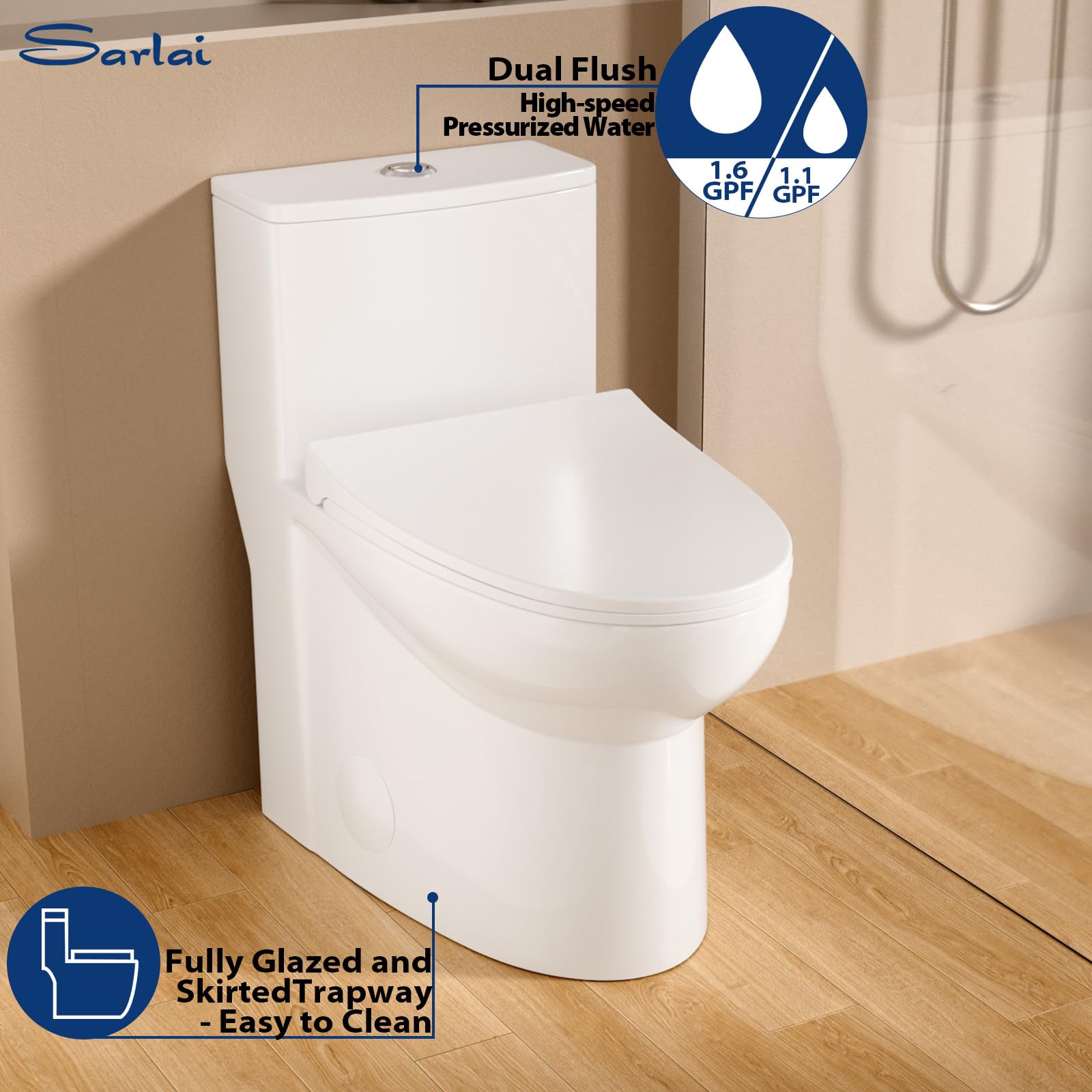 Sarlai One Piece Elongated Comfort Height Bathroom Toilet, Dual Flush 1.1/1.6 GPF White Ceramic with Soft-Close Seat, 12'' Rough-In