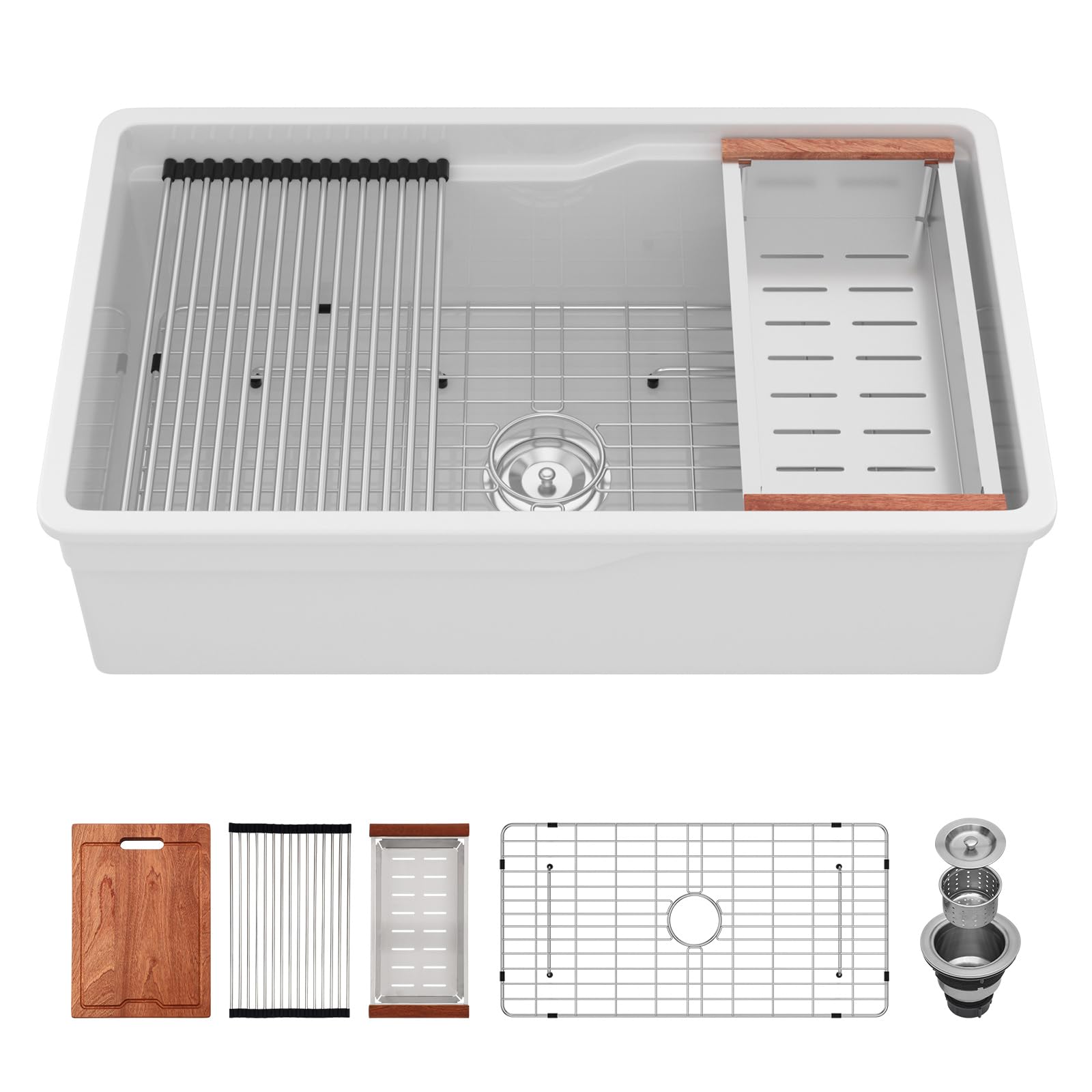 Sarlai 32''x19''x10'' White Fireclay Workstation Kitchen Sink, Dual Mount Undermount & Drop-In Single Bowl Ceramic Basin
