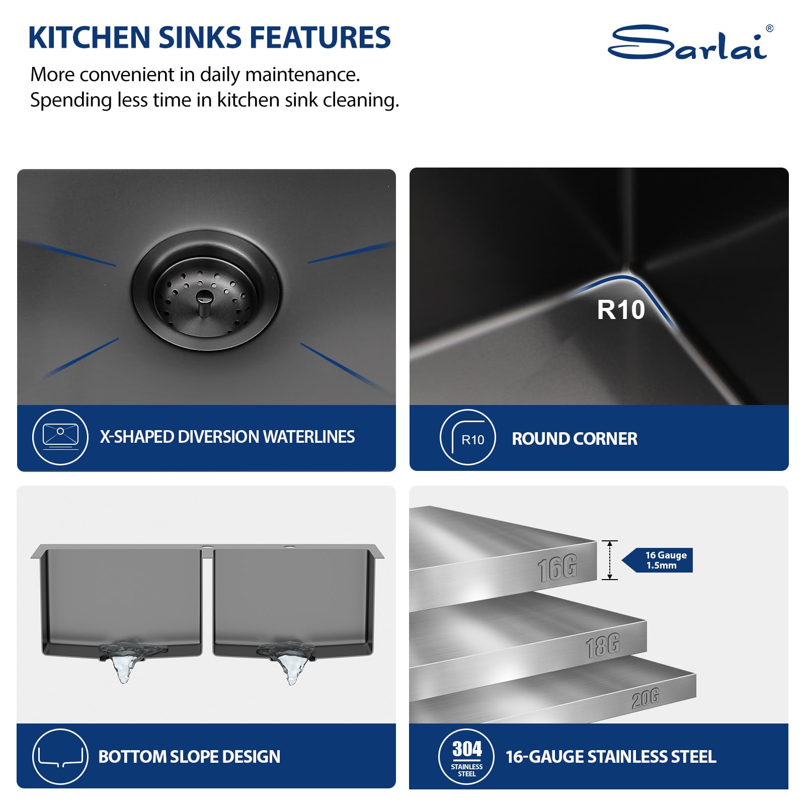 Sarlai 33in Double Bowl 50/50 Black Drop-in Stainless Steel Kitchen Sink