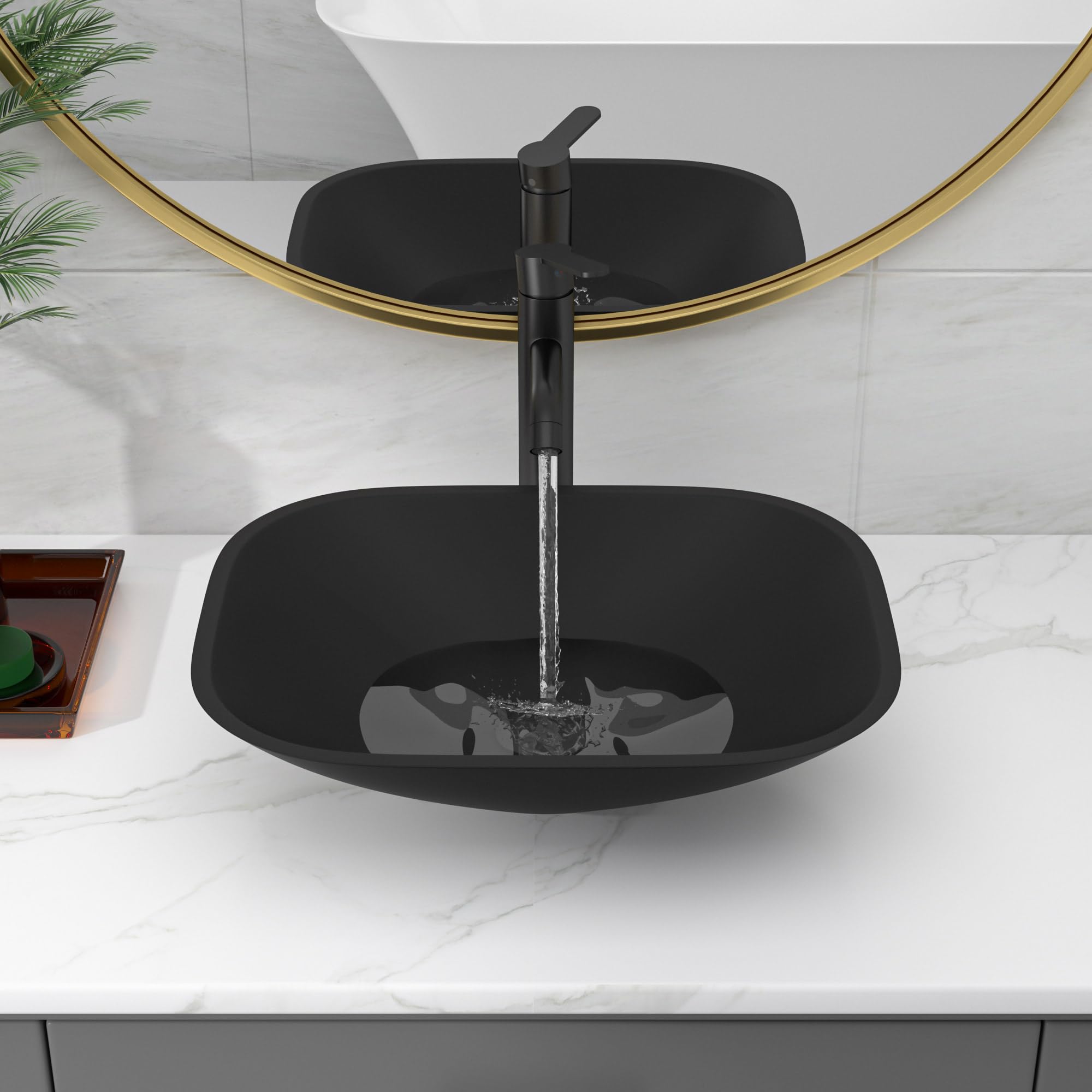 Sarlai 18.5''x14.38'' Matte Black Tempered Glass Bathroom Vessel Sink, Countertop Basin with Faucet & Pop-up Drain Combo