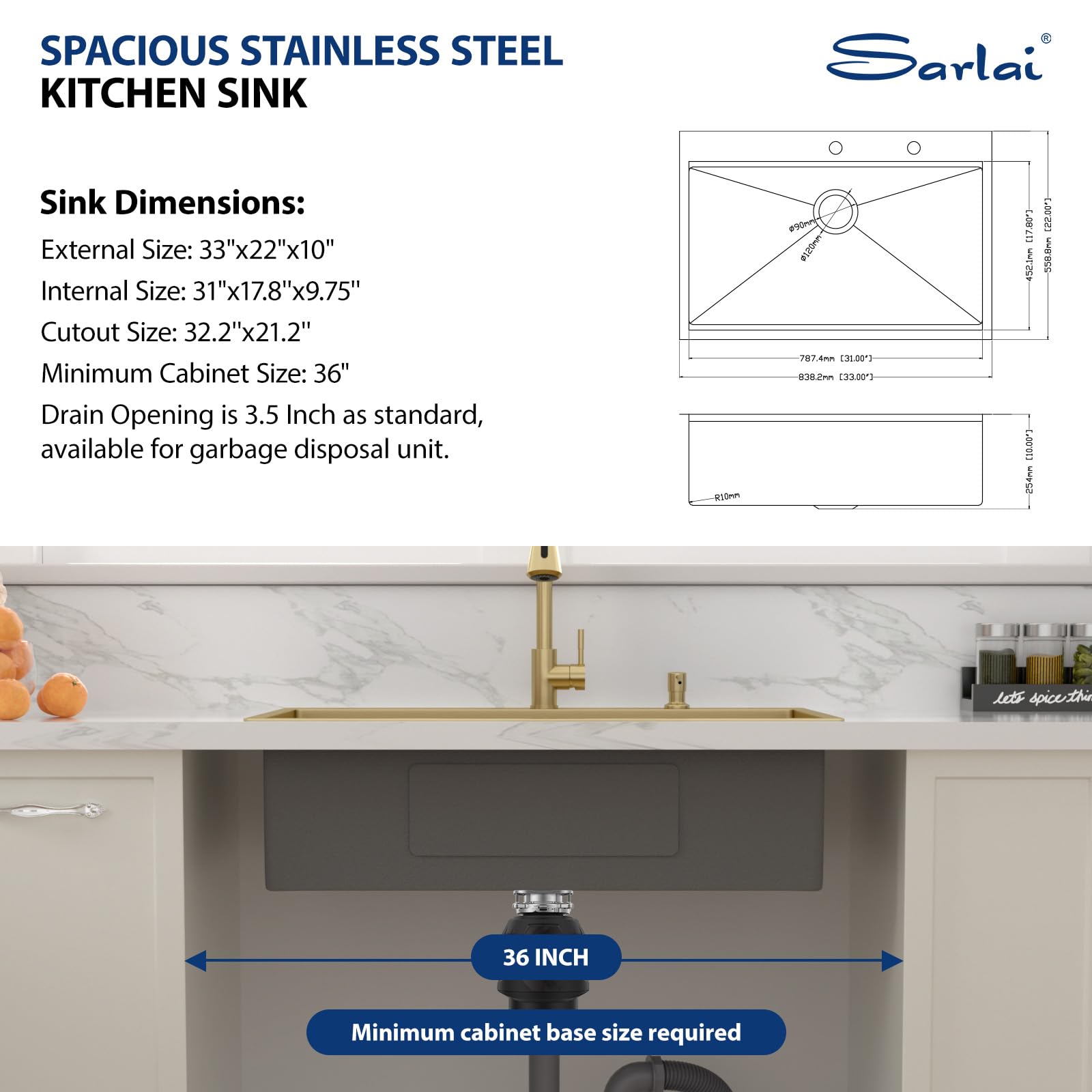 Sarlai 33''x22'' Gold Nano PVD Drop-In Workstation Kitchen Sink, 16 Gauge Stainless Steel Topmount Single Bowl with Pull-out Kitchen Faucet